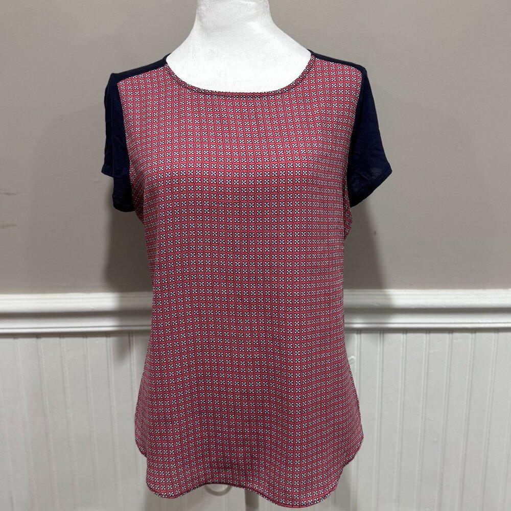 Ann Taylor Petite Short Sleeve Navy and Pink Blouse (Size MP)